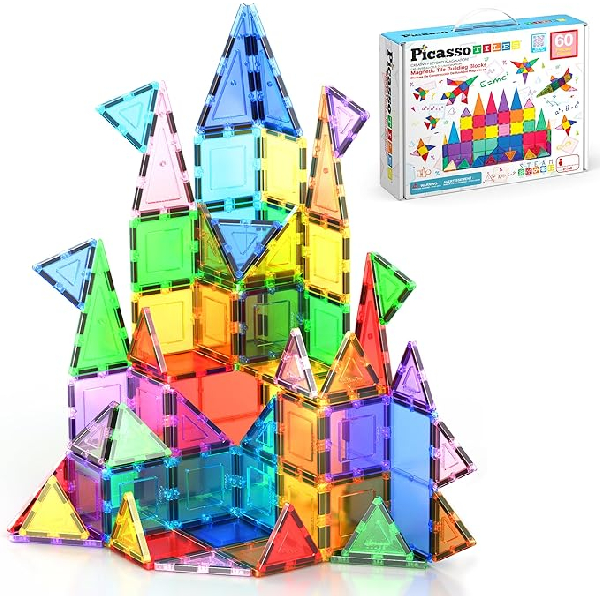 PicassoTiles Magnetic Tiles 60pcs Kids Toys Classroom Sensory Toy for Toddlers STEM Learning Building Blocks, Montessori Pretend Play Magnet Tile Construction Stacking Block Boys Girls Ages 3+ PT60