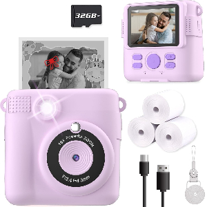 Instant Print Camera for Kids, Christmas Birthday Gifts for Girls Boys, HD Digital Video Cameras for Toddler, Portable Toy for 4 5 6 7 8 9 10 Year Old Girl with 32GB SD Card-Purple