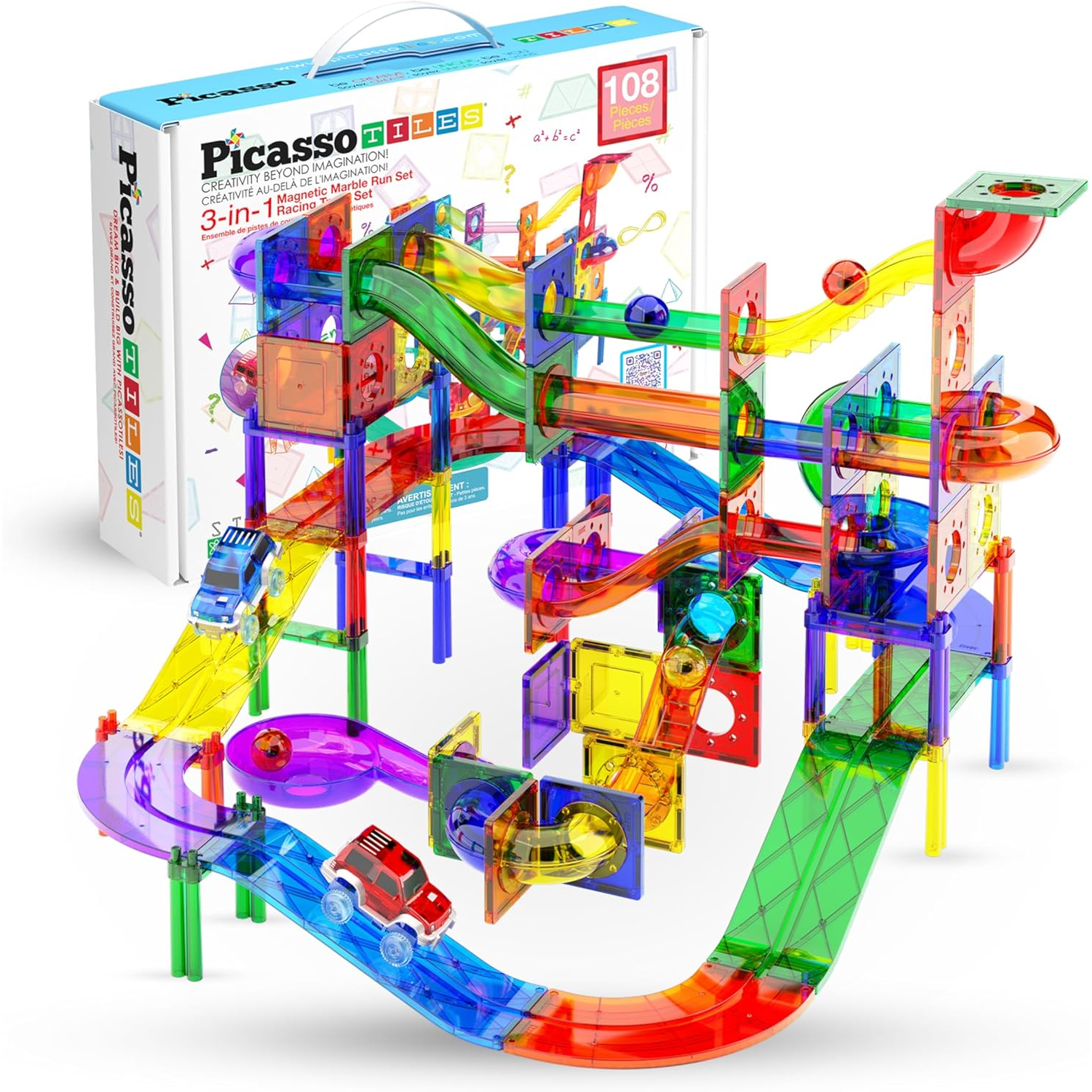 PicassoTiles 3-in-1 Magnetic Tile, Marble Run and Race Car Track Building Set