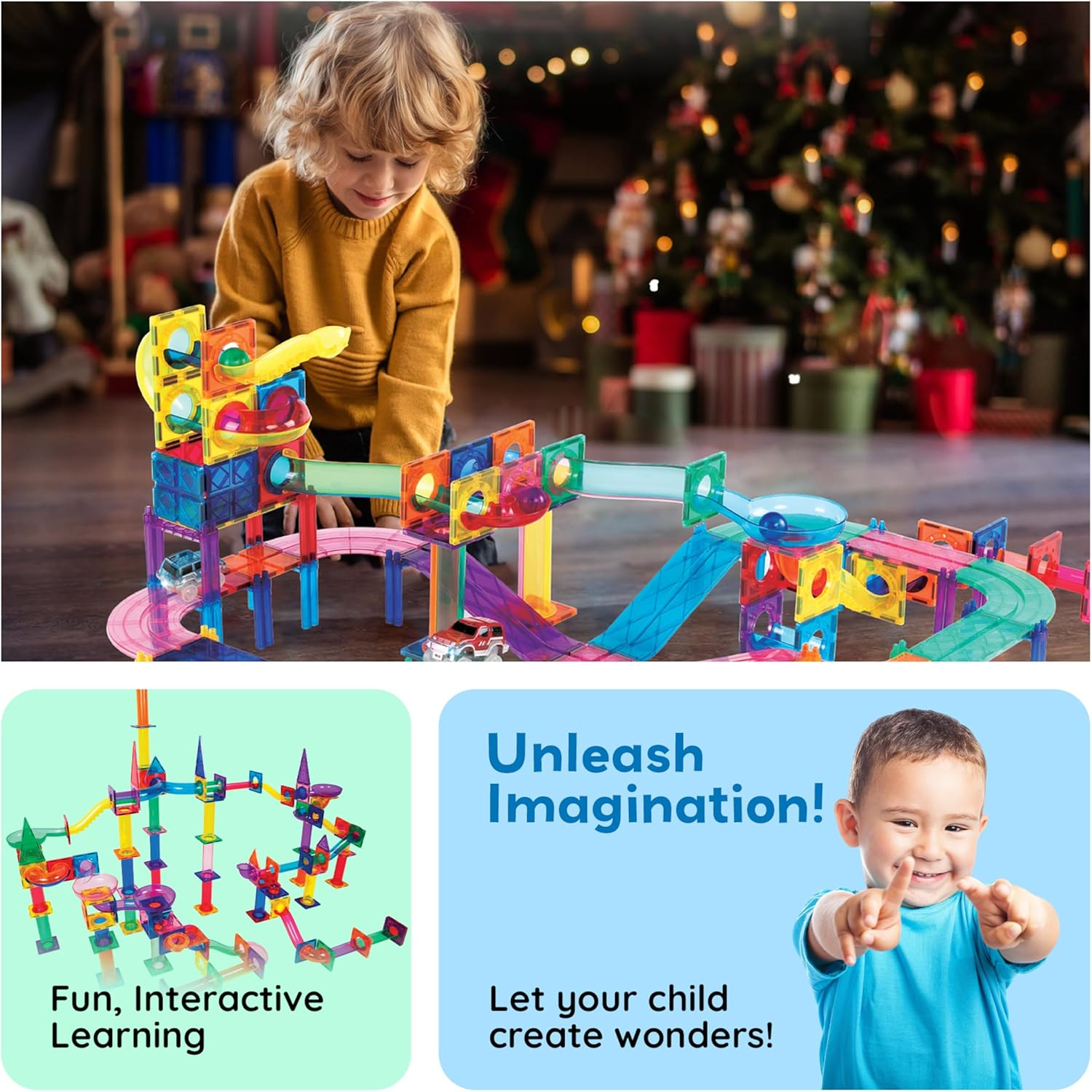 PicassoTiles 3-in-1 Magnetic Tile, Marble Run and Race Car Track Building Set