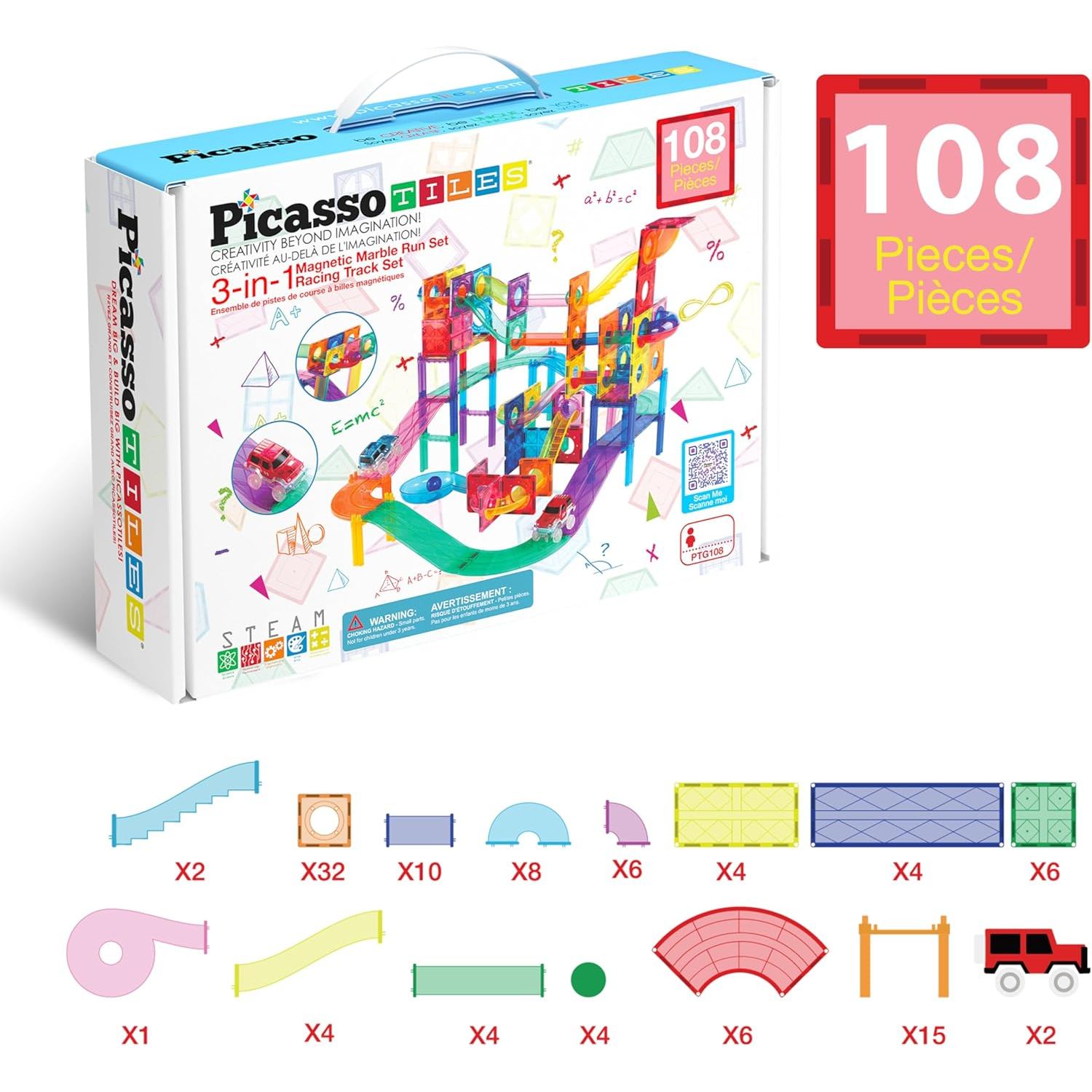 PicassoTiles 3-in-1 Magnetic Tile, Marble Run and Race Car Track Building Set
