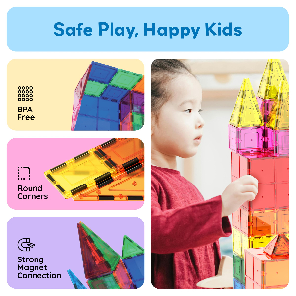 PicassoTiles Magnetic Tiles 60pcs Kids Toys Classroom Sensory Toy for Toddlers STEM Learning Building Blocks, Montessori Pretend Play Magnet Tile Construction Stacking Block Boys Girls Ages 3+ PT60