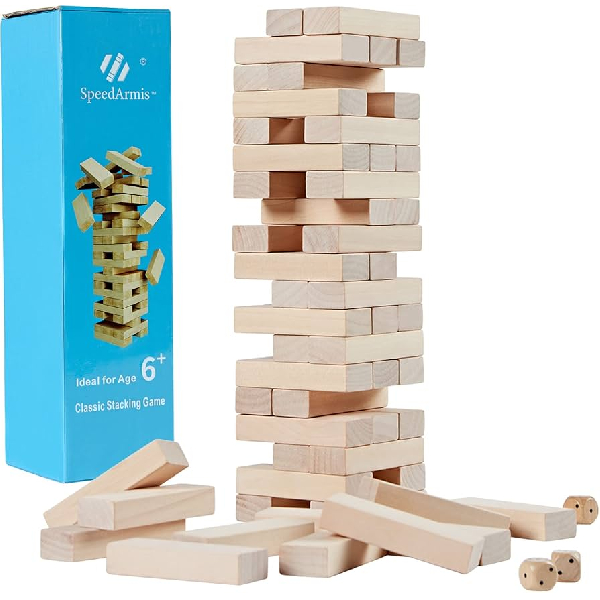 Mini Tumble Tower, 54PCS Wooden Stacking Game for Kids Teens - Pine Stack Timber Board Game with 4 Dice Set - Classic ‌Xmas Gifts for Kids